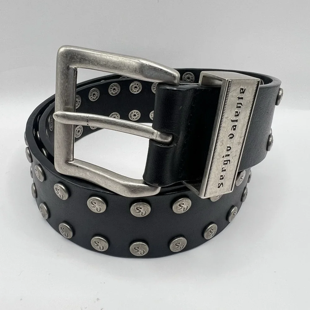 Y2K Sergio Valente Studded Leather Belt Unisex M (29-33) Black Biker Western